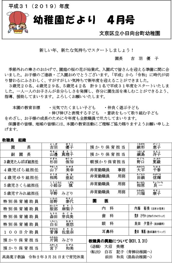 園だより2019年度4月