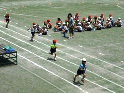 リレー練習の様子です。バトンの受け渡しも日に日にうまくなっています
